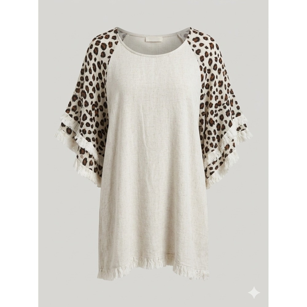 Umgee Leopard Print Ruffle Sleeve Linen Blend Tunic Top Oatmeal Large - Picture 2 of 6